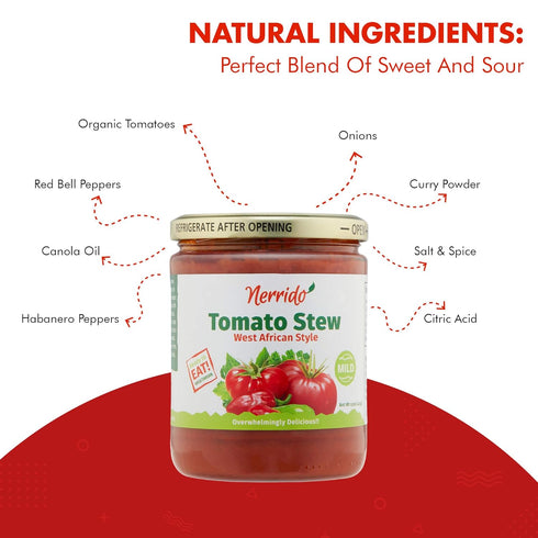 16oz (454g) 2 Pack) Nerrido Canned Tomato Stew & Jollof Rice Red Sauce, African Style Pasta Sauce with Vegetables