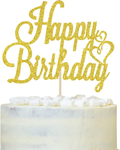Gold Glitter Happy Birthday Cake Topper, Celebrating Birthday Anniversary Party Decorations Supplies for Women, Men,