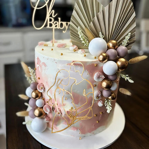 lvbeybc 2PCS Gold Oh Baby Cake Topper with Pregnant Silhouette,Pregnant Mom Dad Couple Design,Gender Reveal Cake