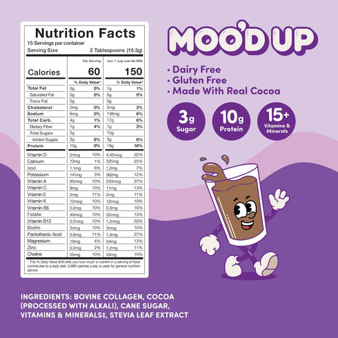 Moo'd Up (15 10g 15 Mood Up Chocolate Milk & Hot Chocolate Mix Servings) Low Sugar, Dairy-Free, Protein, Vitamins