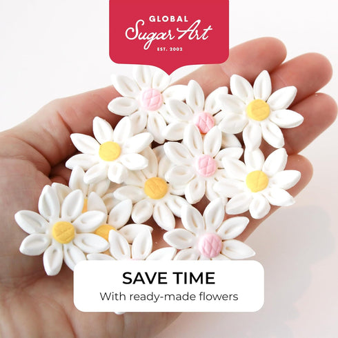 84 Count (1 Inch) Edible Daisy Cake Decorations, Small Edible Flowers, White & Yellow Sugar Flowers, Daisy Cupcake