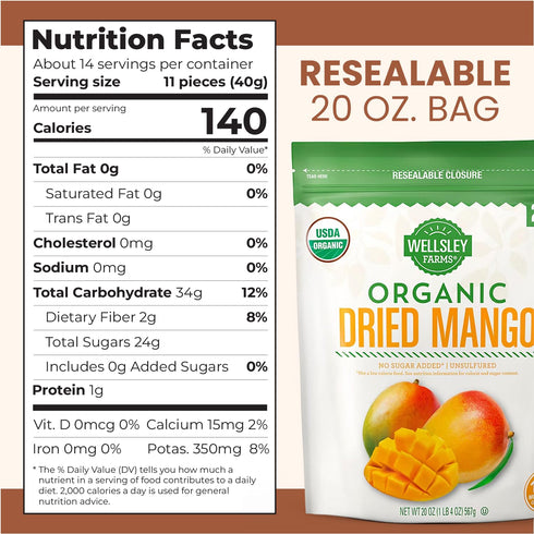 Wellsley Farms 20oz Pack Organic Dried Mango - Vegan Friendly & Low Sodium Dried Fruit - No Added Sugar, Preservatives
