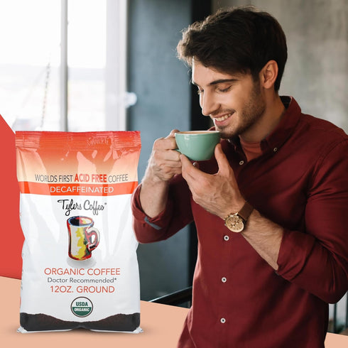 100% 12 oz Tylers Coffee USDA Organic Low Acid Arabica Decaffeinated Coffee, Medium Roast, Smooth & Balanced Flavor