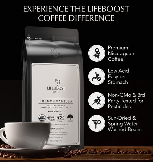 12 Lifeboost Whole Bean French Vanilla Coffee - Low Acid Single Origin Non-GMO Organic Coffee - Third Party Tested