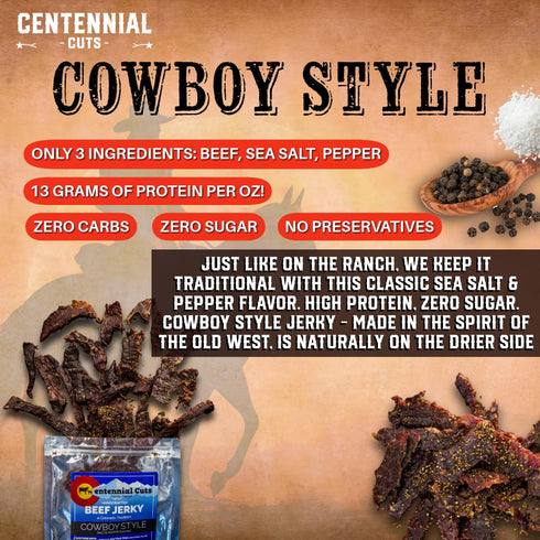 3 3 oz Centennial Cuts Beef Jerky Cowboy Style - High Protein, Zero Sugar & Zero Carbs, Simple Ingredients Snack
