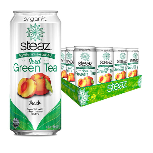 Steaz Organic Iced Green Tea, Peach Lightly Sweetened, 16 oz (Pack of