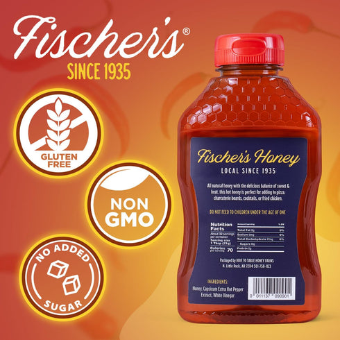 24 oz 100% Fischer's Hot Honey Raw Unfiltered Honey with Hot Pepper Spicy Honey for Pizza, Chicken, Charcuterie, BBQ