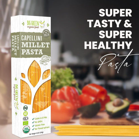 8.8oz (1) Big Green Organic Food- Organic Millet Capellini, Gluten-Free, Lectin-Free, Non-GMO, Vegan, Wheat and Rice