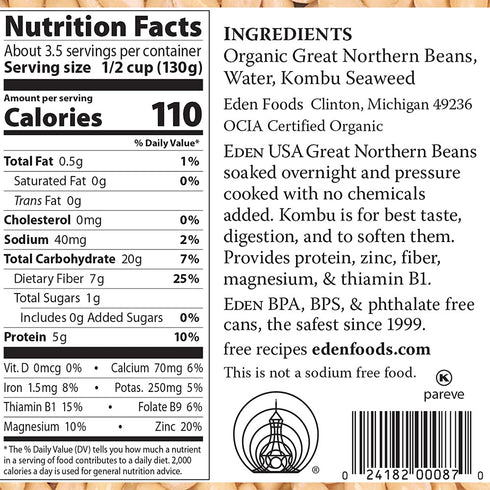 15 oz Eden Organic Great Northern Beans, Can, No Salt, Non-GMO, Gluten Free, Vegan, Kosher, U.S. Grown, Heat and Serve