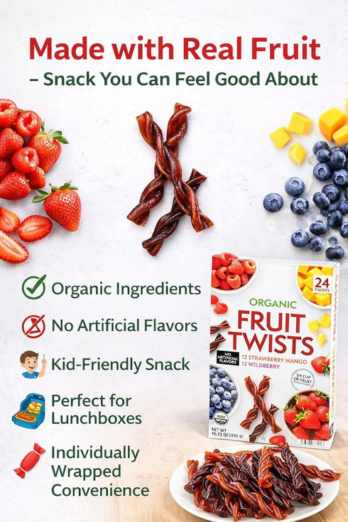 Generic Pack, 24 Count, Organic Fruit Twists Snacks, Strawberry Mango and Wildberry Variety Individually Wrapped, No