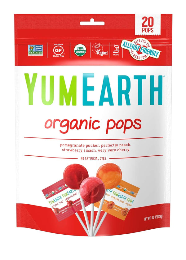 Organic Lollipops, Assorted Flavors, 4.3 Ounce, 20 Lollipops - Allergy Friendly, Non GMO, Gluten Free, Vegan by YumEarth