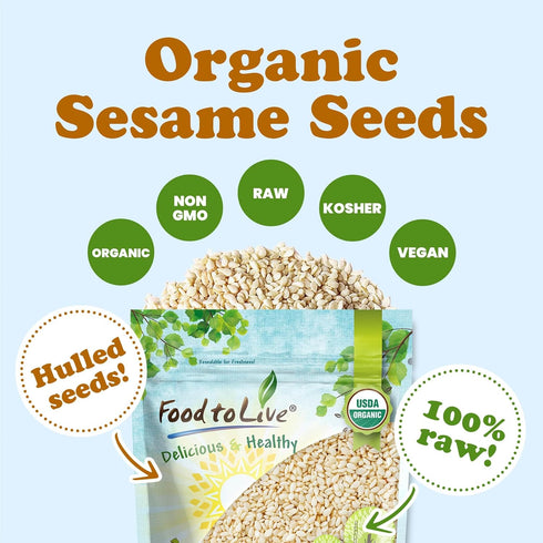 Food to Live Organic Hulled Sesame Seeds, 8 Ounces, Non-GMO, Kosher, Vegan, Perfect for Tahini & Salads