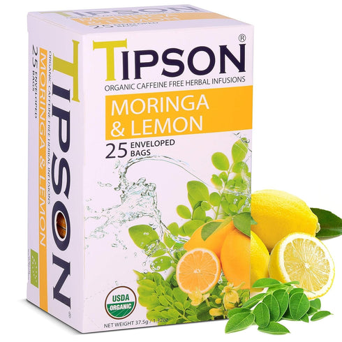 Tipson Organic Moringa Caffeine Free Herbal Tea, Lemon Flavor, 25 Premium Double Chambered Bags