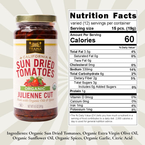 2 (8.5 oz Traina Home Grown California Organic Sun Dried Tomatoes in Oil Julienne Cut, Marinated with Italian Herbs