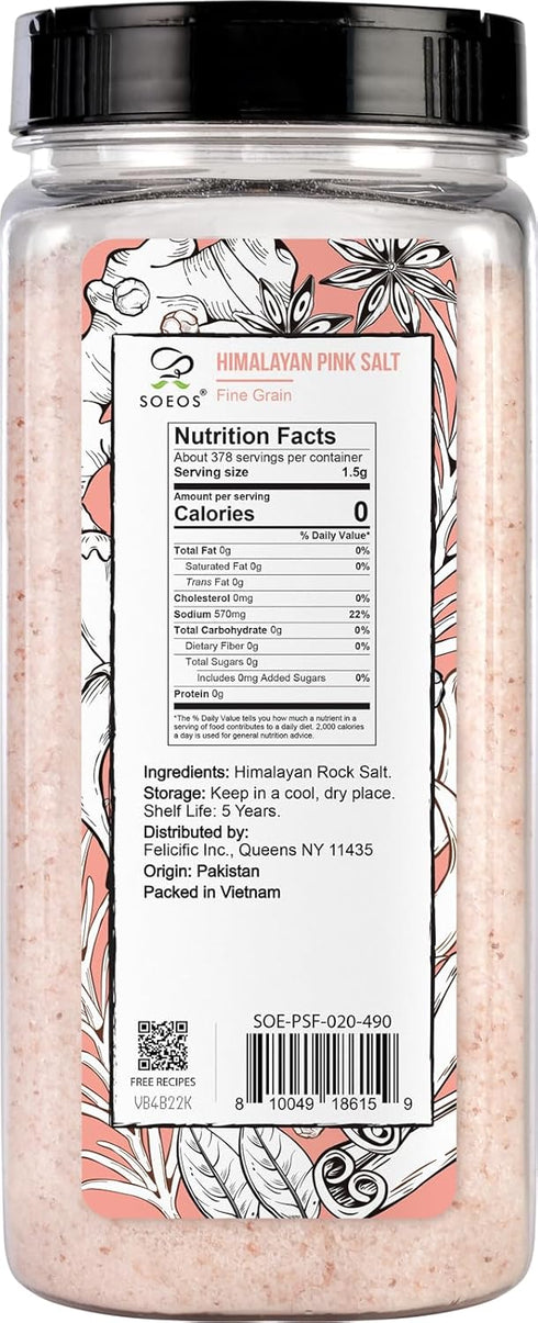 20 oz, Soeos Himalayan Salt - Fine Grain, Himalayan Pink Salt, Pure Rock Salt for Grinders and Salt Mills, Kosher