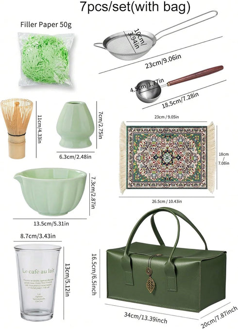 Set 7-Piece Set Set Matcha Whisk Premium Traditional Matcha with Bamboo Whisk, Matcha Cup, Sifter & Green Leather Case