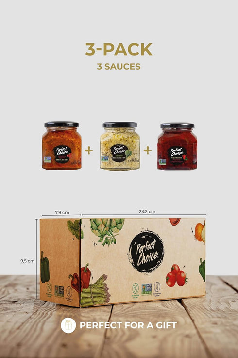 Pack Pack 3 Perfect Choice Variety - Delicious Artichoke Bruschetta, Sun-Dried Tomato Bruschetta & Caramelized Piquillo
