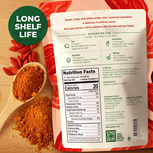 1.1lb (17.64 Oz) 100% Gya Tea Co Goji Powder - USDA Organic Vegan Berries - Ideal for Healthy Smoothies, Tea, Baking