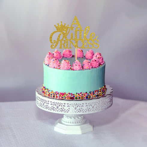 A Little Princess with Crown Cake Topper - Gold Glitter Baby Birthday Party Decoration