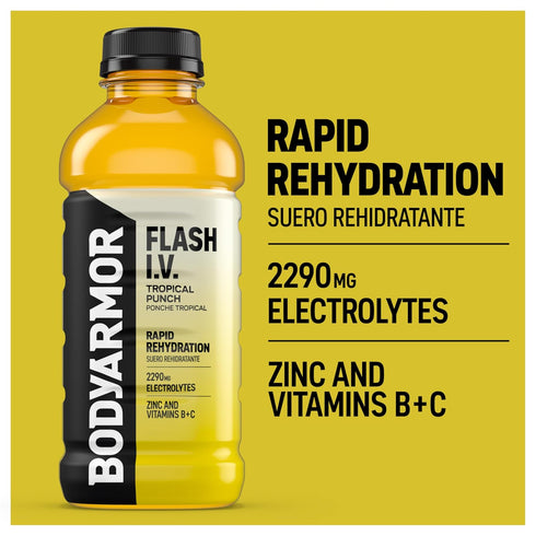 20 Oz (Pack 12) BODYARMOR Flash I.V. Electrolyte Beverage, Tropical Punch, Hydration Drink with Coconut Water For Rapid