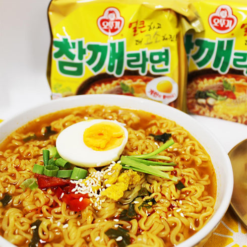 4.05 oz (Pack 5) OTTOGI Spicy Sesame Flavor Ramen Korean Instant Noodle with Egg Block, Spicy Sesame Broth