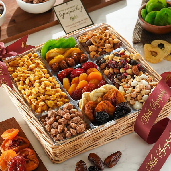 Broadway Basketeers Deluxe Sympathy Dried Fruit And Nuts Gift Basket - A