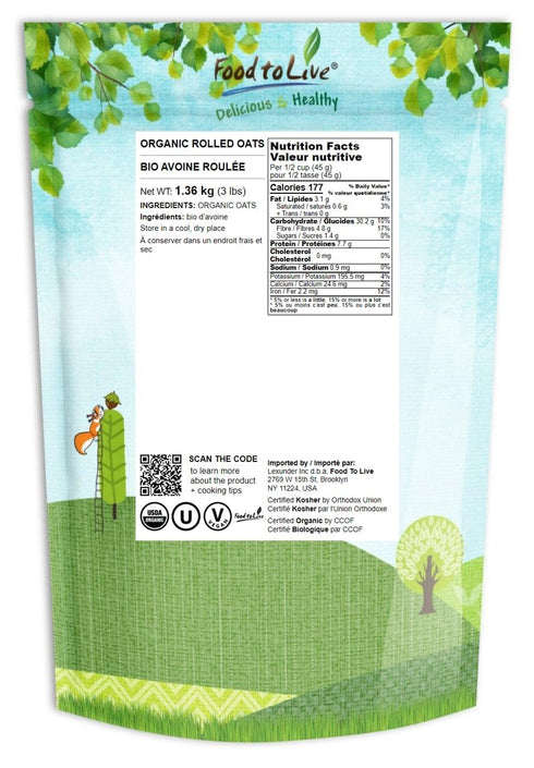 3 100% Food to Live Organic Rolled Oats, Pounds Old-Fashioned, Whole Grain, Non-GMO, Raw, Kosher, Bulk Oats. Perfect