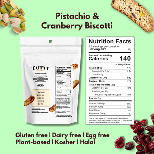 9.9 oz (283g) Tutti Gourmet Gluten Free Pistachio & Cranberry Biscotti, Resealable Cookie Bag Vegan and Halal Snacks