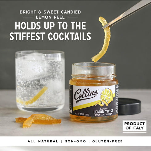 10.9 oz Collins Candied Lemon Twist Cocktail Garnish, Sweet Lemon Peel in Syrup for Skinny Margaritas, Limoncello