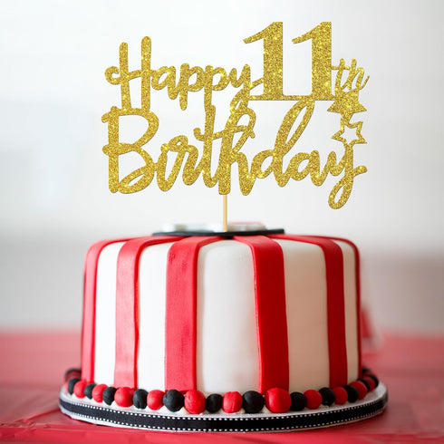 Gold Glitter Happy 11th Birthday Cake Topper - 11 Sign Cake Topper for 11th Birthday Party Supplies