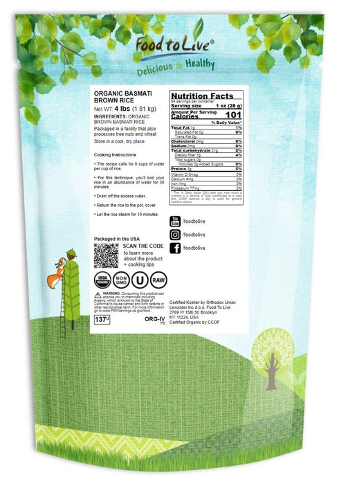 4 Food to Live - Organic Brown Basmati Rice, Pounds Non-GMO, Whole Grain, Long-Grain Rice Variety, Fragrant, Kosher