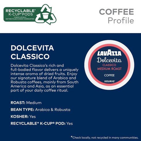 88-Count (4 Packs 22) Lavazza Dolcevita Classico, Single-Serve Keurig K-Cup Pods, Medium Roast Coffee, Box