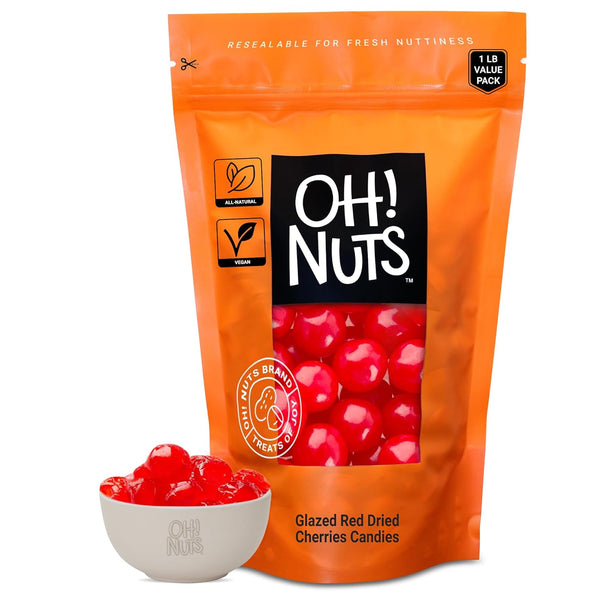 Oh! Nuts Glazed Red Dried Cherries Candies - 1LB Bulk Bag, Dehydrated Sweetened Chewy Fruit Bites