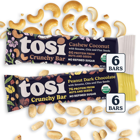 3s, 6G/8G 1 oz, 12-Pack Tosi Cashew Coconut and Dark Chocolate Peanut Protein Bars Combo, Plant Based with Nuts