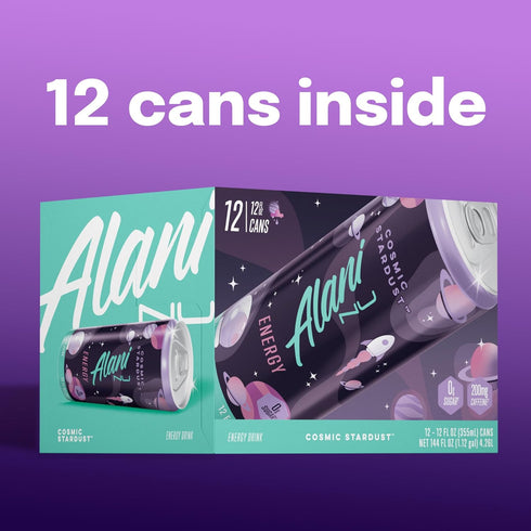 200mg 10 12 Oz 12 Pack Alani Nu COSMIC STARDUST, Sugar Free, Low Calorie Energy Drinks, Caffeine, Biotin, B Vitamins