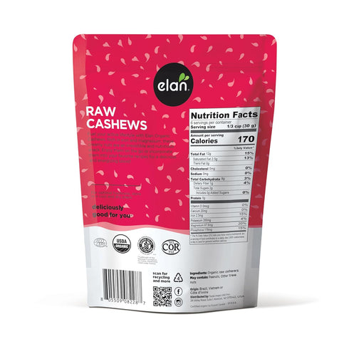 6.5 oz, Elan Organic Raw Cashews Unroasted, Unsalted, Non-GMO, Vegan, Gluten-Free, Kosher, Raw Nuts, Healthy Snack