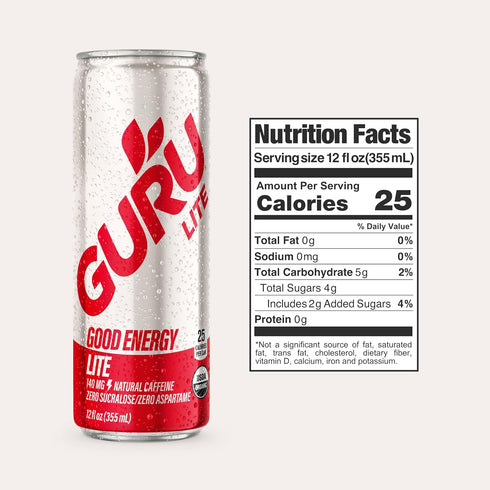 140MG 12oz (Pack 12) GURU Lite Organic Energy Drinks, Clean Energy Drink with Plant Based Natural Caffeine from Green
