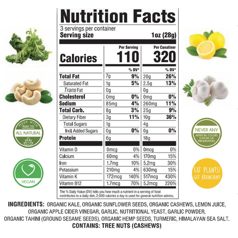 Earthy Krunchy Snacks Kale Chips - Cheezy Lemon Garlic Flavor - High Protein Snack - Crunchy Kale with No Sugar