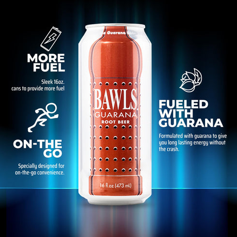 Bawls 12 Pack 16oz Guarana Root Beer - Guarana Fueled Soda for Energy, High Caffeinated Drink, Cans