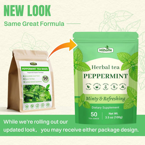 50 Count Hiihone Peppermint Tea Bags Pure Peppermint Mint Tea, Caffeine-Free Herbal Tea, Minty & Refreshing, Non-GMO