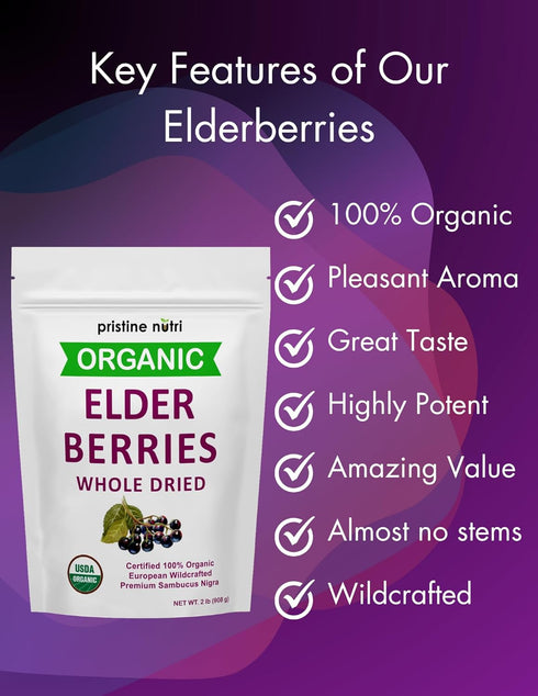Immunity 2 lb (32 oz) Organic Elderberries Dried Bulk | Whole European Elderberry Dried, Wildcrafted All Natural |
