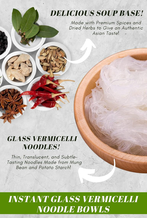 9 55g SIMPLY FOOD Instant Vietnamese Beef Stew Glass Noodles (Min B Kho T) - BOWLS/ each Delicious, Clear Glass