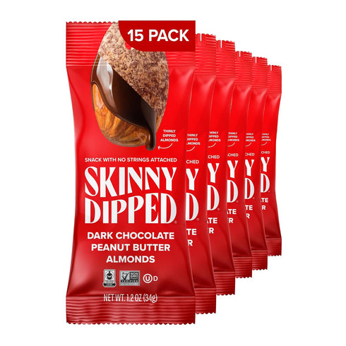 1.2 (Pack 15) SkinnyDipped Dark Chocolate Peanut Butter Almonds, Chocolate Covered Almonds, Low Sugar, Gluten Free