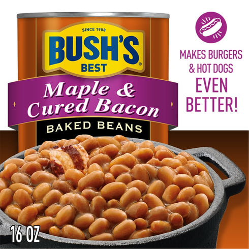 16 oz (Pack 12) BUSH'S BEST Canned Maple Cured Bacon Baked Beans Source of Protein and Fiber, Low Fat, Gluten Free