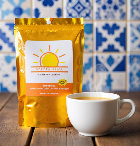 Golden Spice 100% 7oz Golden Milk Spice Drink Mix, Real Spices with Turmeric, Ginger, Cinnamon and Black Pepper, Pouch