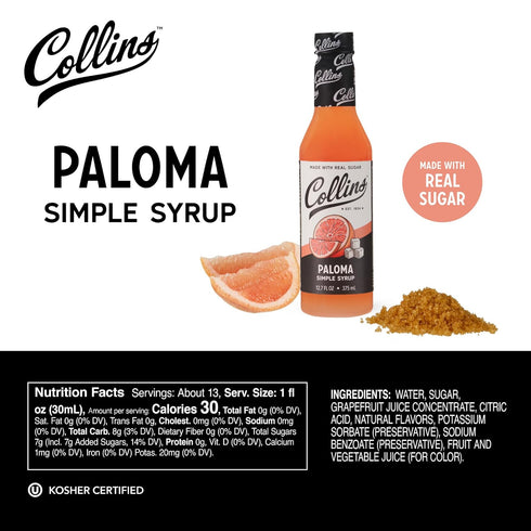 12.7 oz, Set 1 Collins Paloma Syrup, Made with Grapefruit, Ready to Use Cocktail Mixer for Tequila and Mezcal Drink