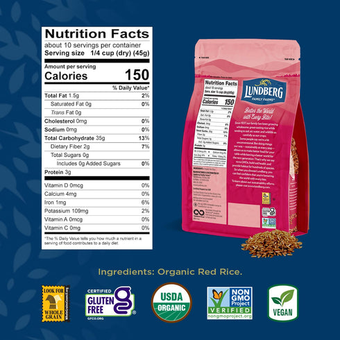16 Oz Lundberg Organic Red Jasmine Rice, Long Grain Red Rice - Non-Sticky, Fluffy Aromatic Rice, Organically Grown