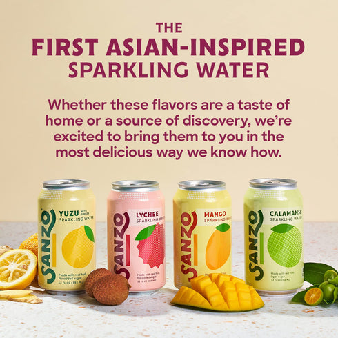 Pack 12-Pack 12 Oz Sanzo Flavored Sparkling Water Variety - - Calamansi (Lime), Lychee (Berry) and Mango (Alphonso)