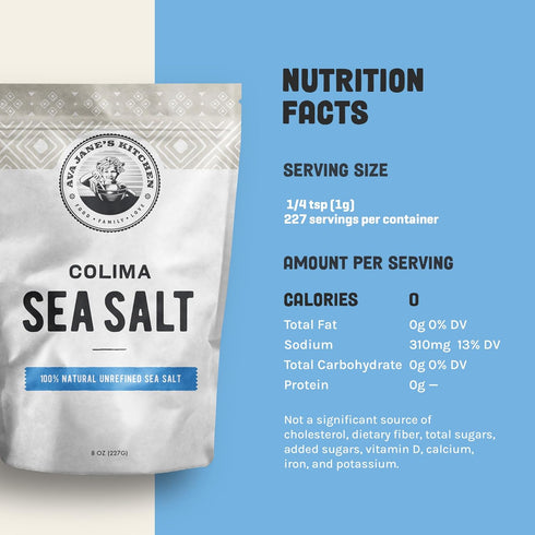 100% 227 Ava Jane's Kitchen - Colima Coarse Sea Salt - Unrefined, Natural, and Hand-Harvested - Protects Heart - Shapes