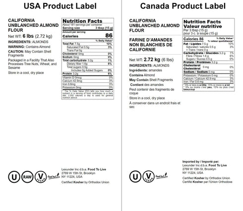 6 Food to Live California Unblanched Almond Flour, Pounds - Natural Meal, Finely Milled with Skin On, Raw Kosher Vegan